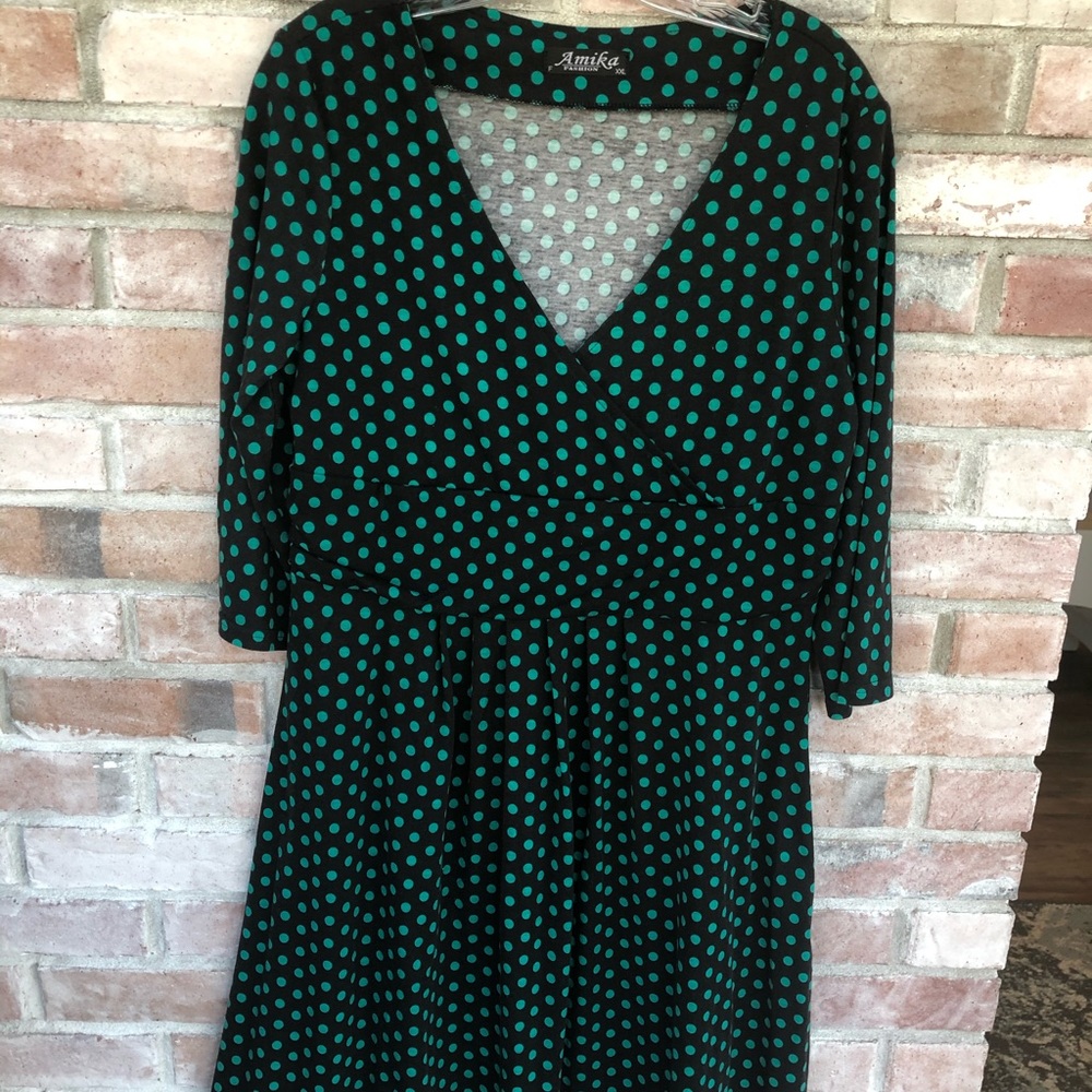 Amika XXL Black with green polka dots dress